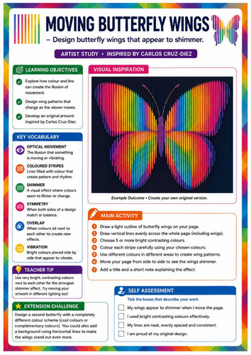 Carlos Cruz-Diez Inspired Moving Butterfly Wings | Optical Illusion & Colour | KS3 Art Worksheet