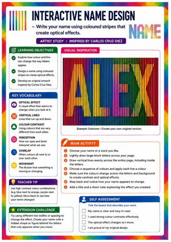Carlos Cruz-Diez Inspired Interactive Name Design | Optical Illusion Lettering | KS3 Art Worksheet