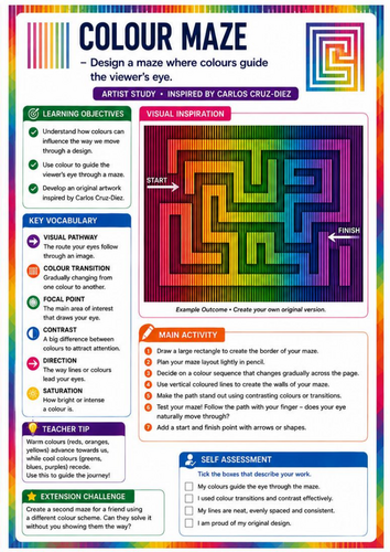 Carlos Cruz-Diez Inspired Colour Maze | Optical Illusion & Colour Theory | KS3 Art Worksheet
