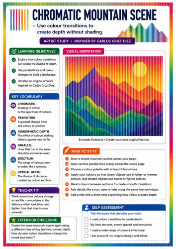 Carlos Cruz-Diez Inspired Chromatic Mountain Scene | Colour & Depth | KS3 Art Worksheet