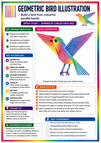 Carlos Cruz-Diez Inspired Geometric Bird Illustration | Colour & Line Art | KS3 Worksheet
