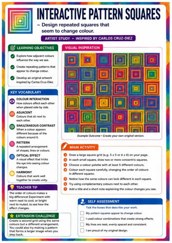 Carlos Cruz-Diez Inspired Interactive Pattern Squares | Colour Theory & Op Art | KS3 Worksheet