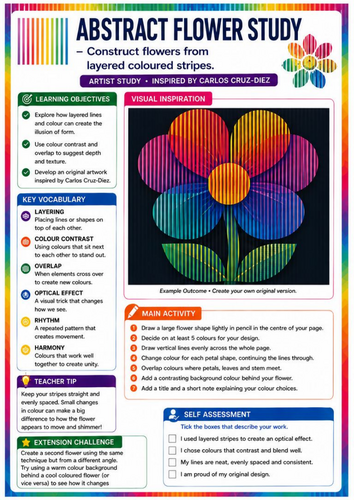 Carlos Cruz-Diez Inspired Abstract Flower Study | Colour & Optical Art | KS3 Art Worksheet
