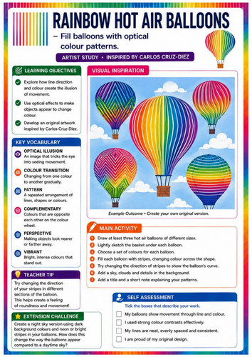 Carlos Cruz-Diez Inspired Rainbow Hot Air Balloons | Colour Theory & Optical Art | KS3 Worksheet