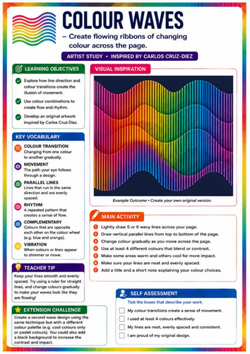 Carlos Cruz-Diez Inspired Colour Waves | Optical Movement & Colour Theory | KS3 Art Worksheet