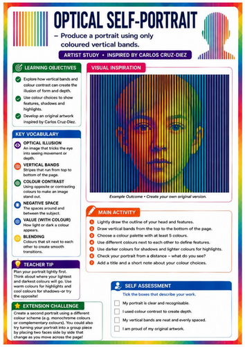 Carlos Cruz-Diez Inspired Optical Self-Portrait | Colour Theory & Op Art | KS3 Art Worksheet