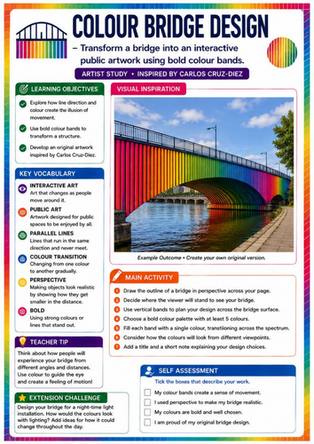 Carlos Cruz-Diez Inspired Colour Bridge Design | Public Art & Optical Illusions | KS3 Art Worksheet
