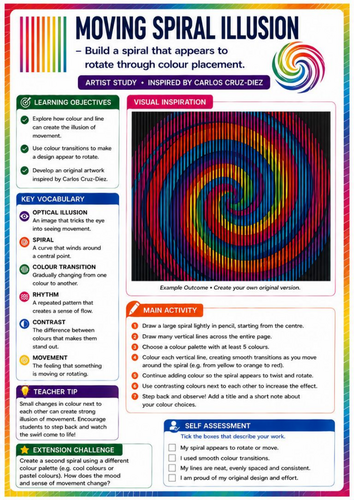 Carlos Cruz-Diez Inspired Moving Spiral Illusion | Op Art & Colour Theory | KS3 Art Worksheet