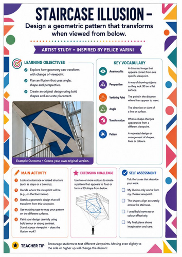Felice Varini – Staircase Illusion | Anamorphic Art & Perspective Drawing Worksheet | KS3