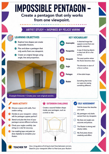 Felice Varini – Impossible Pentagon | Anamorphic Perspective & Optical Illusion Worksheet | KS3