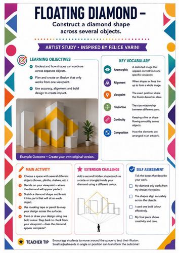 Felice Varini – Floating Diamond | Geometry, Perspective & Anamorphic Art Worksheet | KS3