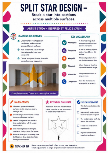 Felice Varini – Split Star Design | Geometric Optical Illusion & Perspective Worksheet | KS3 Art