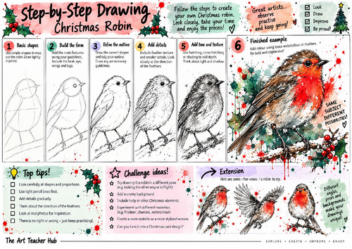 **TES Title:** Christmas Robin Step-by-Step Drawing Worksheet | Festive Bird Art | KS3 & KS4