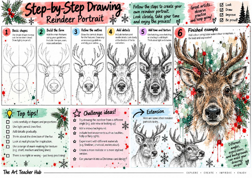 Christmas Reindeer Portrait Step-by-Step Drawing Worksheet | Animal Art | KS3 & KS4