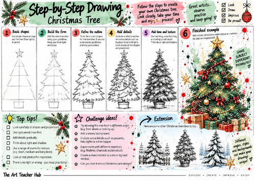 Christmas Tree Step-by-Step Drawing Worksheet | Festive Art Activity | KS3 & KS4