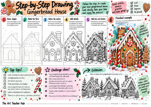 Gingerbread House Step-by-Step Drawing Worksheet | Christmas Architecture Art | KS3 & KS4