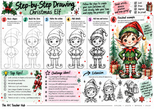 Christmas Elf Step-by-Step Drawing Worksheet | Festive Character Design | KS3 & KS4