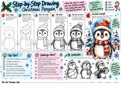 Christmas Penguin Step-by-Step Drawing Worksheet | Festive Animal Art | KS3 & KS4
