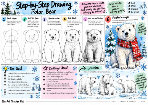 Polar Bear Step-by-Step Drawing Worksheet | Winter Wildlife Art | KS3 & KS4