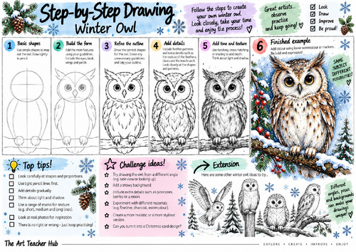Winter Owl Step-by-Step Drawing Worksheet | Bird Drawing & Shading | KS3 & KS4