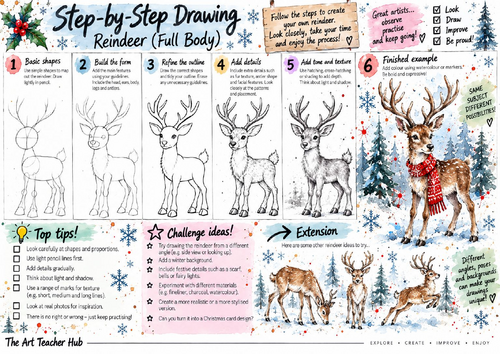 Full Body Reindeer Step-by-Step Drawing Worksheet | Christmas Animal Art | KS3 & KS4