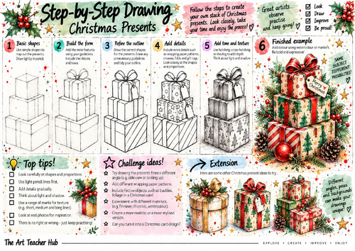 Christmas Presents Step-by-Step Drawing Worksheet | 3D Shapes & Shading | KS3 & KS4