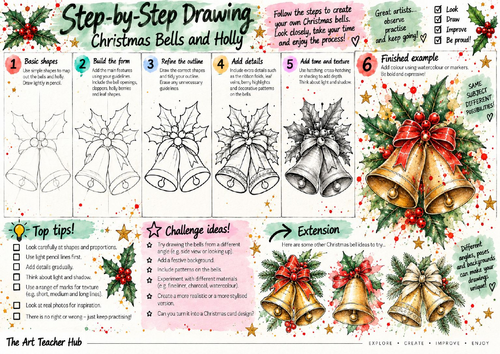 Christmas Bells and Holly Step-by-Step Drawing Worksheet | Festive Still Life | KS3 & KS4