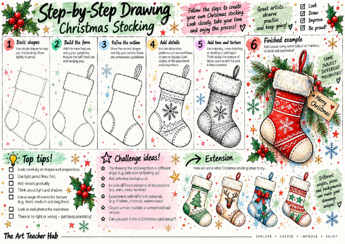 Christmas Stocking Step-by-Step Drawing Worksheet | Festive Pattern & Texture | KS3 & KS4