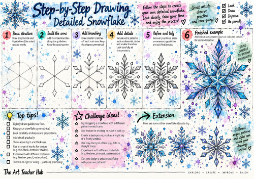 Detailed Snowflake Step-by-Step Drawing Worksheet | Symmetry & Pattern Art | KS3 & KS4
