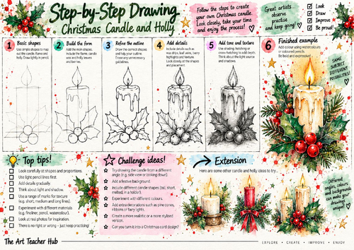 Christmas Candle and Holly Step-by-Step Drawing Worksheet | Festive Still Life | KS3 & KS4