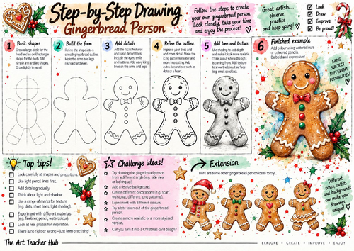 Gingerbread Person Step-by-Step Drawing Worksheet | Christmas Character Art | KS3 & KS4
