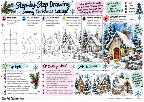 Snowy Christmas Cottage Step-by-Step Drawing Worksheet | Winter Landscape Art | KS3 & KS4