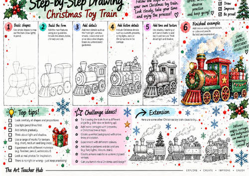 Christmas Toy Train Step-by-Step Drawing Worksheet | Festive Illustration Art | KS3 & KS4