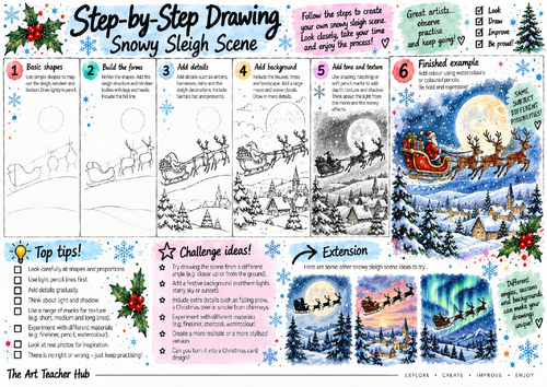 Snowy Sleigh Scene Step-by-Step Drawing Worksheet | Christmas Landscape Art | KS3 & KS4