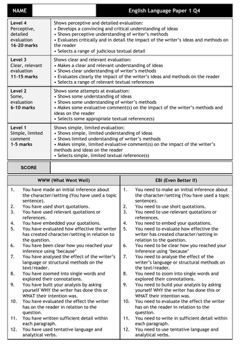 AQA English Language P1 Q4 Marksheet