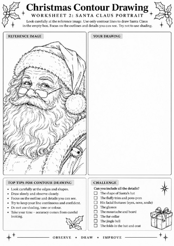 Santa Claus Portrait Contour Drawing Worksheet | Christmas Art | KS3 KS4 | Portrait Drawing