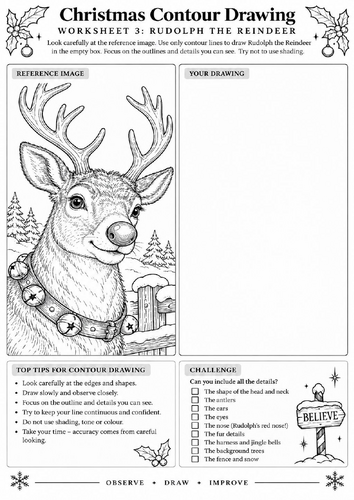Rudolph the Reindeer Contour Drawing Worksheet | Christmas Art | KS3 KS4 | Drawing Skills