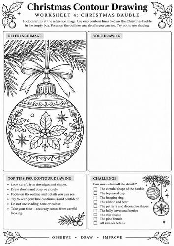 Christmas Bauble Contour Drawing Worksheet | Festive Art | KS3 KS4 | Observational Drawing