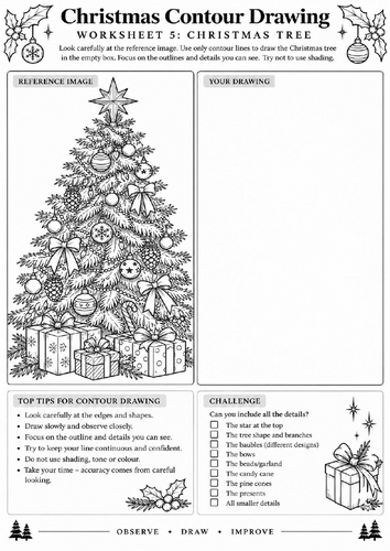 Christmas Tree Contour Drawing Worksheet | Christmas Art Activity | KS3 KS4 | Drawing Skills