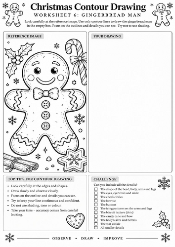 Gingerbread Man Contour Drawing Worksheet | Christmas Art | KS3 KS4 | Festive Drawing