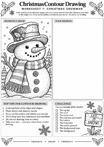 Christmas Snowman Contour Drawing Worksheet | Festive Art | KS3 KS4 | Observational Drawing