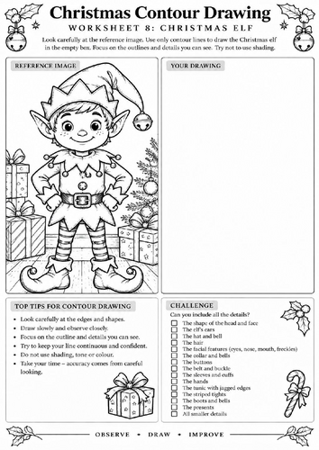 Christmas Elf Contour Drawing Worksheet | Christmas Art | KS3 KS4 | Character Drawing