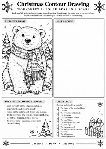 Christmas Polar Bear Contour Drawing Worksheet | Winter Art | KS3 KS4 | Animal Drawing