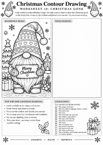 Christmas Gonk Contour Drawing Worksheet | Festive Art | KS3 KS4 | Observational Drawing
