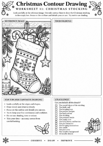 Christmas Stocking Contour Drawing Worksheet | Christmas Art | KS3 KS4 | Drawing Activity