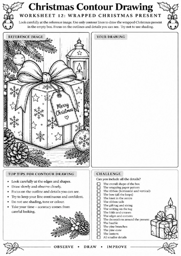 Christmas Present Contour Drawing Worksheet | Christmas Art | KS3 KS4 | Observational Drawing