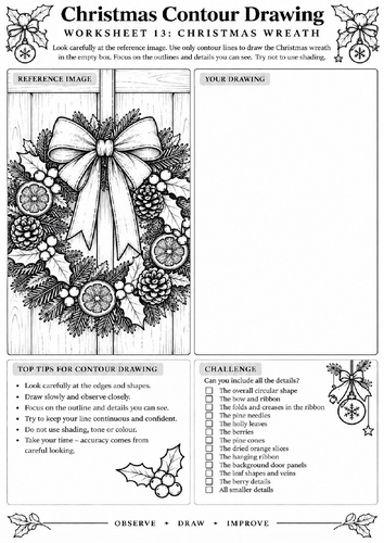 Christmas Wreath Contour Drawing Worksheet | Festive Art | KS3 KS4 | Botanical Drawing