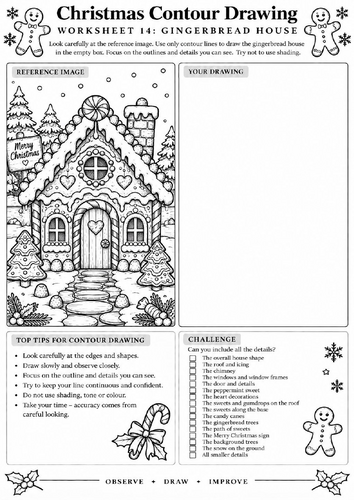 Gingerbread House Contour Drawing Worksheet | Christmas Art | KS3 KS4 | Architecture Drawing