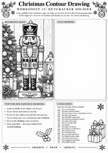 Nutcracker Soldier Contour Drawing Worksheet | Christmas Art | KS3 KS4 | Character Drawing