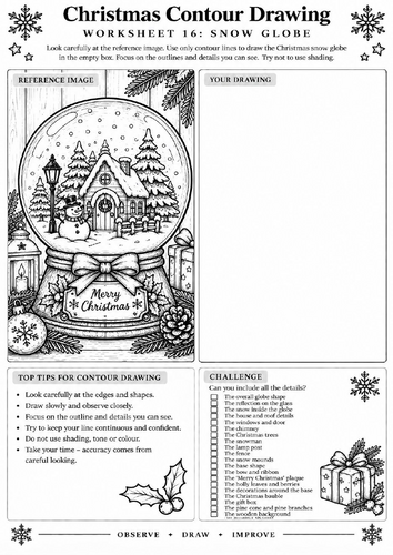 Christmas Snow Globe Contour Drawing Worksheet | Festive Art | KS3 KS4 | Drawing Skills